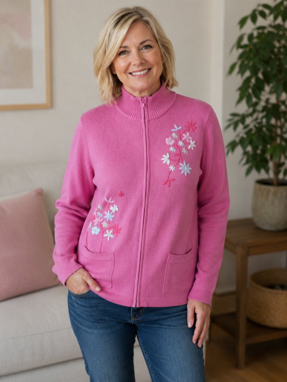 Coral Pink Embroidered Knit‎ Cardigan Jacket, Medium, Penman's,Grandmacore